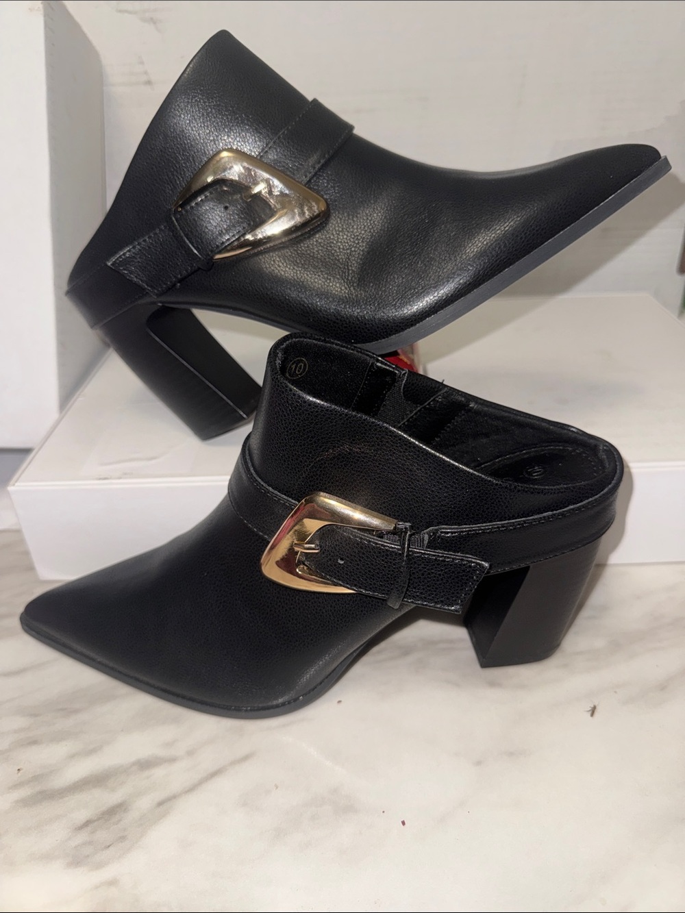Women's Black Pointed-Toe Mules with Gold Buckle Accent